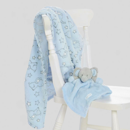 Elephant plush blanket and matching comforter in blue