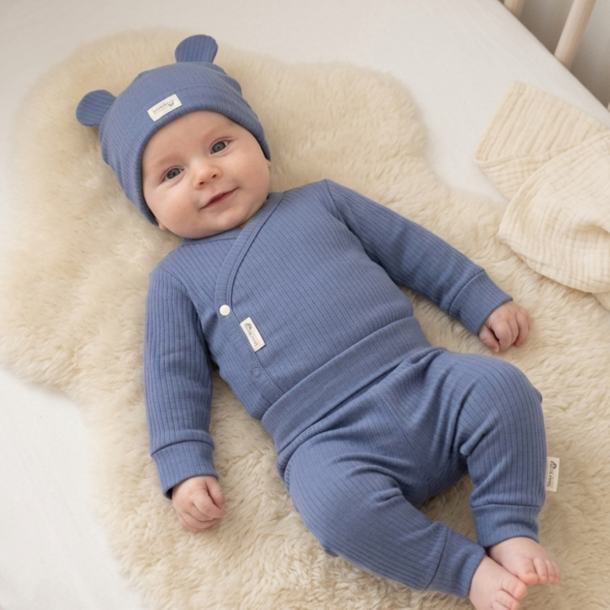 Baby in blue outfit with bear ears hat 