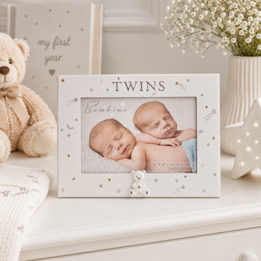 White Bambino twins photo frame with teddy bear detail, holding a 6x4 newborn twins photograph, perfect as a keepsake gift for parents of twins.