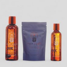 Load image into Gallery viewer, Wanderflower Bathing Rituals gift set with body wash, bath oil and bath salts
