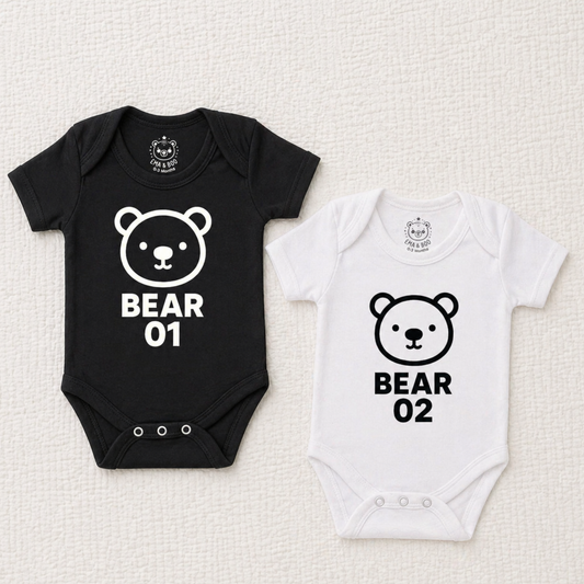 MonoCub Bear 1 & Bear 2 twin baby bodysuit set in black and white – newborn twins gifts