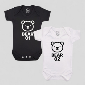 MonoCub Bear 1 & Bear 2 twin baby bodysuit set in black and white – newborn twins gift.