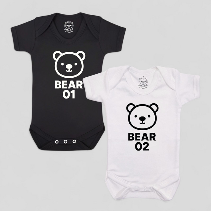 MonoCub Bear 1 & Bear 2 twin baby bodysuit set in black and white – newborn twins gift.