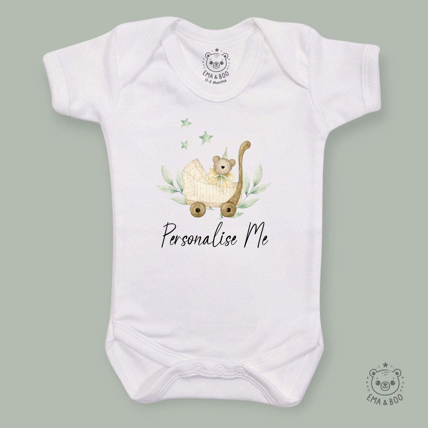 Personalised Baby Bodysuits - Bear in a Pram