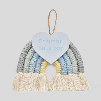 Decorative wall hanging with 'Beautiful Baby Boy' heart rainbow