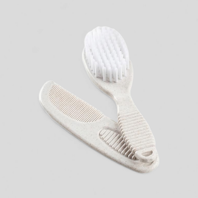 Deluxe baby brush and comb set in beige – neutral newborn grooming gift set