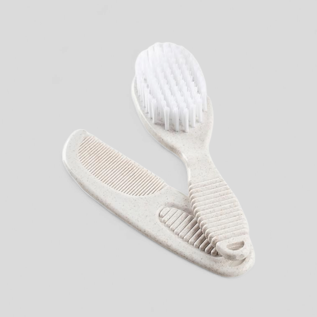 Deluxe baby brush and comb set in beige – neutral newborn grooming gift set