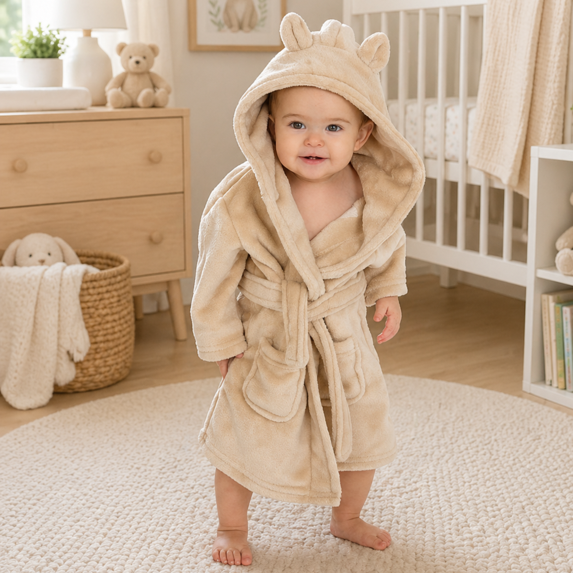 Baby wearing beige hooded dressing gown soft plush baby bath robe luxury neutral baby gift