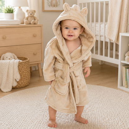 Baby wearing beige hooded dressing gown soft plush baby bath robe luxury neutral baby gift