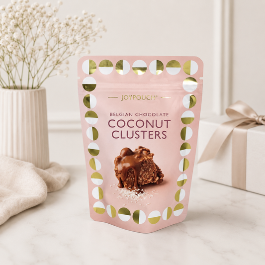Belgian Chocolate Coconut Clusters JoyPouch, luxury chocolate treat for new mum gifts, baby gift hampers, Build Your Own Baby Gift Hampers and gifts for new parents.