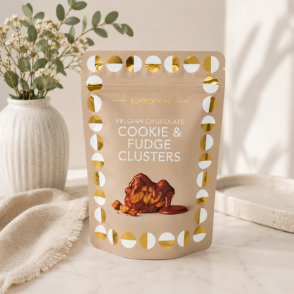 Belgian Chocolate Cookie & Fudge Clusters JoyPouch, luxury chocolate treat for Build Your Own Baby Gift Hampers, new mum gifts, baby shower gifts and gifts for new parents.