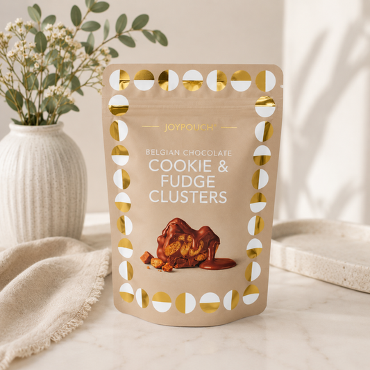 Belgian Chocolate Cookie & Fudge Clusters JoyPouch, luxury chocolate treat for Build Your Own Baby Gift Hampers, new mum gifts, baby shower gifts and gifts for new parents.