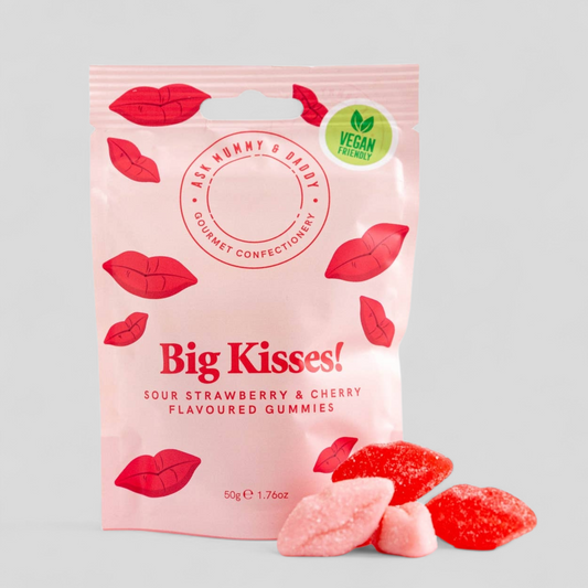 Vegan strawberry and cherry sour gummy lips in pink pouch – ideal new parent treat and baby hamper add-on.