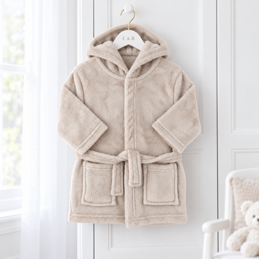 Biscuit beige hooded baby dressing gown with embossed animal and rainbow design, two front pockets and matching waist belt