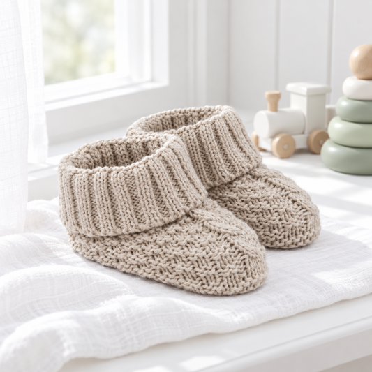 Biscuit-coloured cotton knitted baby booties with textured stitching and ribbed fold-over cuffs on a white nursery blanket.