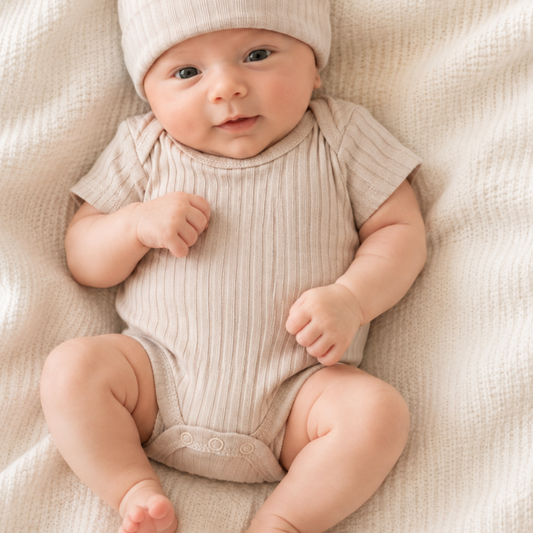 Newborn baby wearing biscuit ribbed 100% cotton bodysuit and matching hat, size 0–3 months