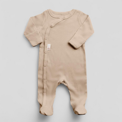 Biscuit ribbed cotton baby sleepsuit with popper fastening