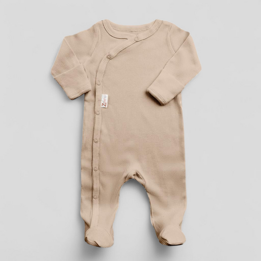 Biscuit ribbed cotton baby sleepsuit with popper fastening