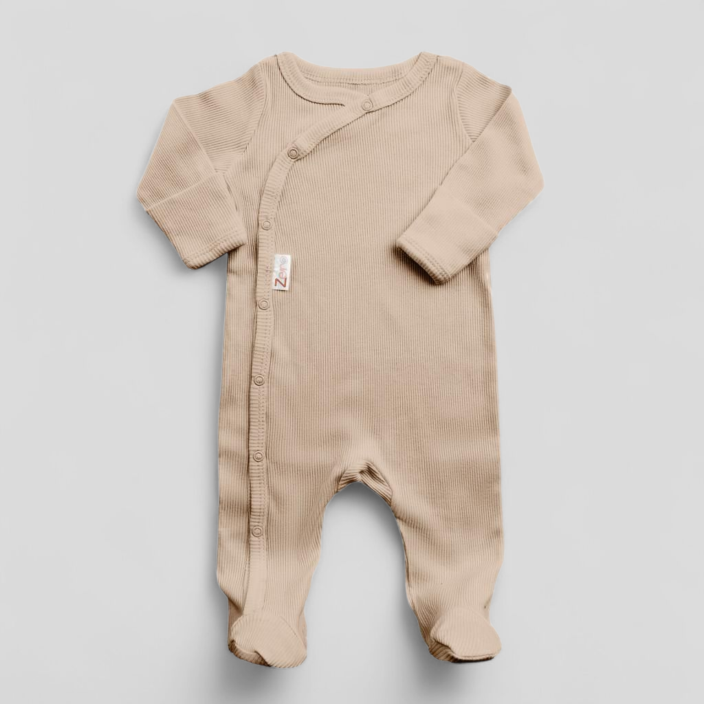 Biscuit ribbed cotton baby sleepsuit with popper fastening