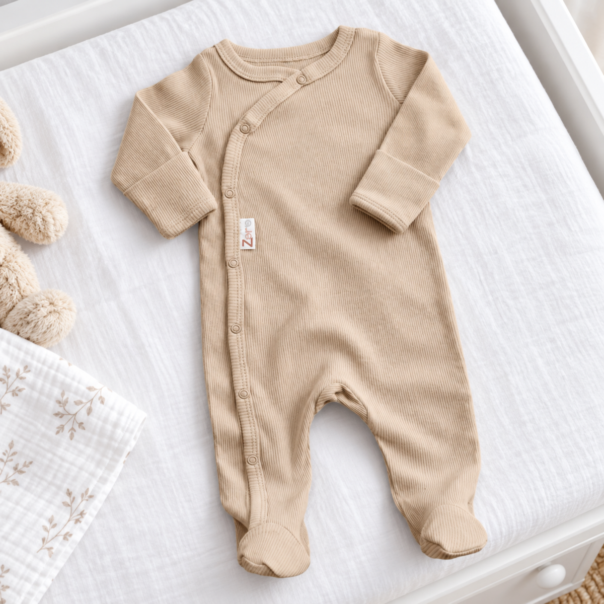 Biscuit ribbed cotton baby sleepsuit with popper fastening
