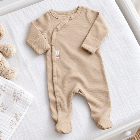 Biscuit ribbed cotton baby sleepsuit with popper fastening
