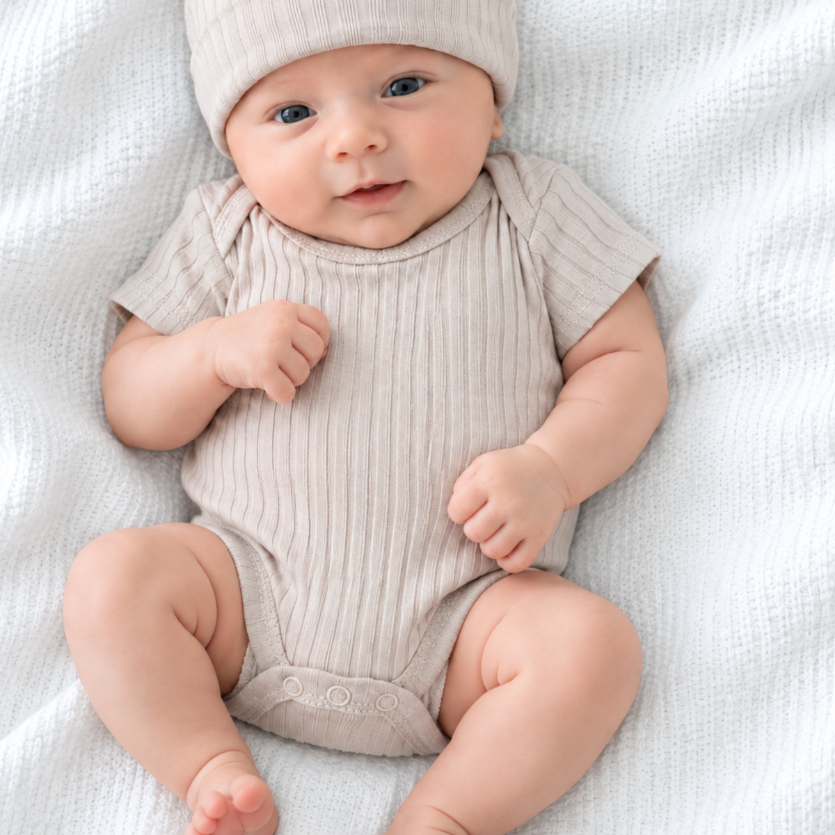 Newborn baby wearing biscuit ribbed 100% cotton bodysuit and matching hat, size 0–3 months