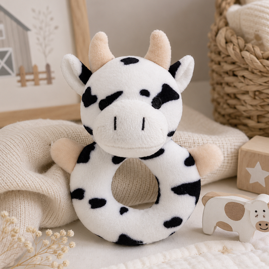 Monochrome plush cow baby rattle sensory toy