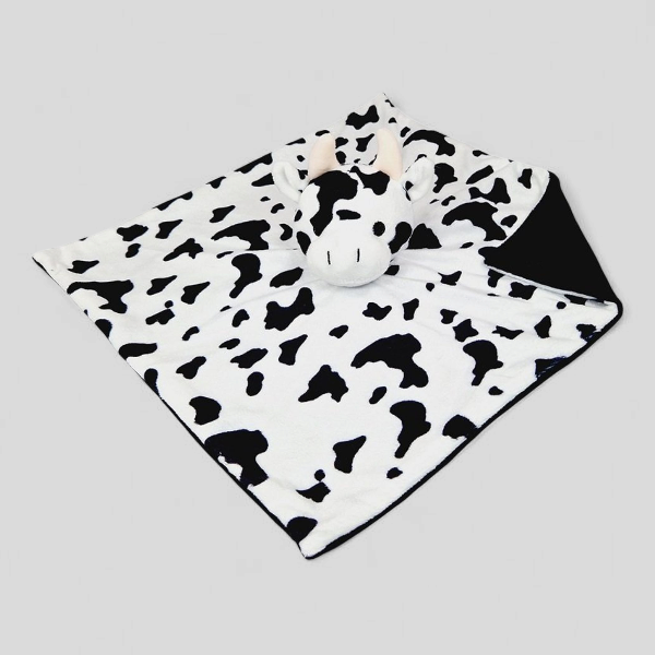 Monochrome cow comforter for newborn sensory play