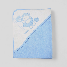 Load image into Gallery viewer, Baby blue hooded towel – 100% cotton with bear shower embroidery, new baby gift
