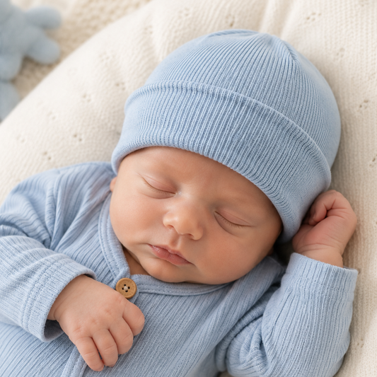 Sleeping newborn baby wearing a soft blue cotton turnover beanie hat.