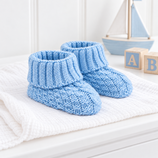 Pair of baby blue cotton knitted booties with ribbed fold-over cuffs, displayed on white nursery bedding beside a wooden sailboat.
