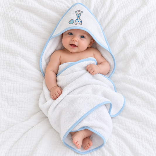 Baby wrapped in a white cotton hooded bath towel with blue trim and an adorable giraffe and duck design.