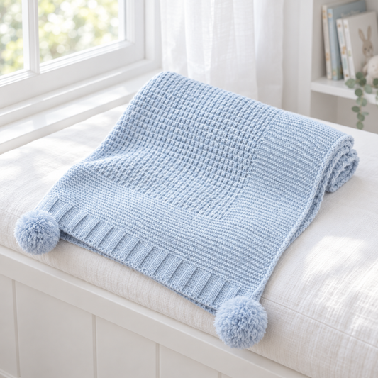Blue Knitted Baby Blanket with Pom Poms