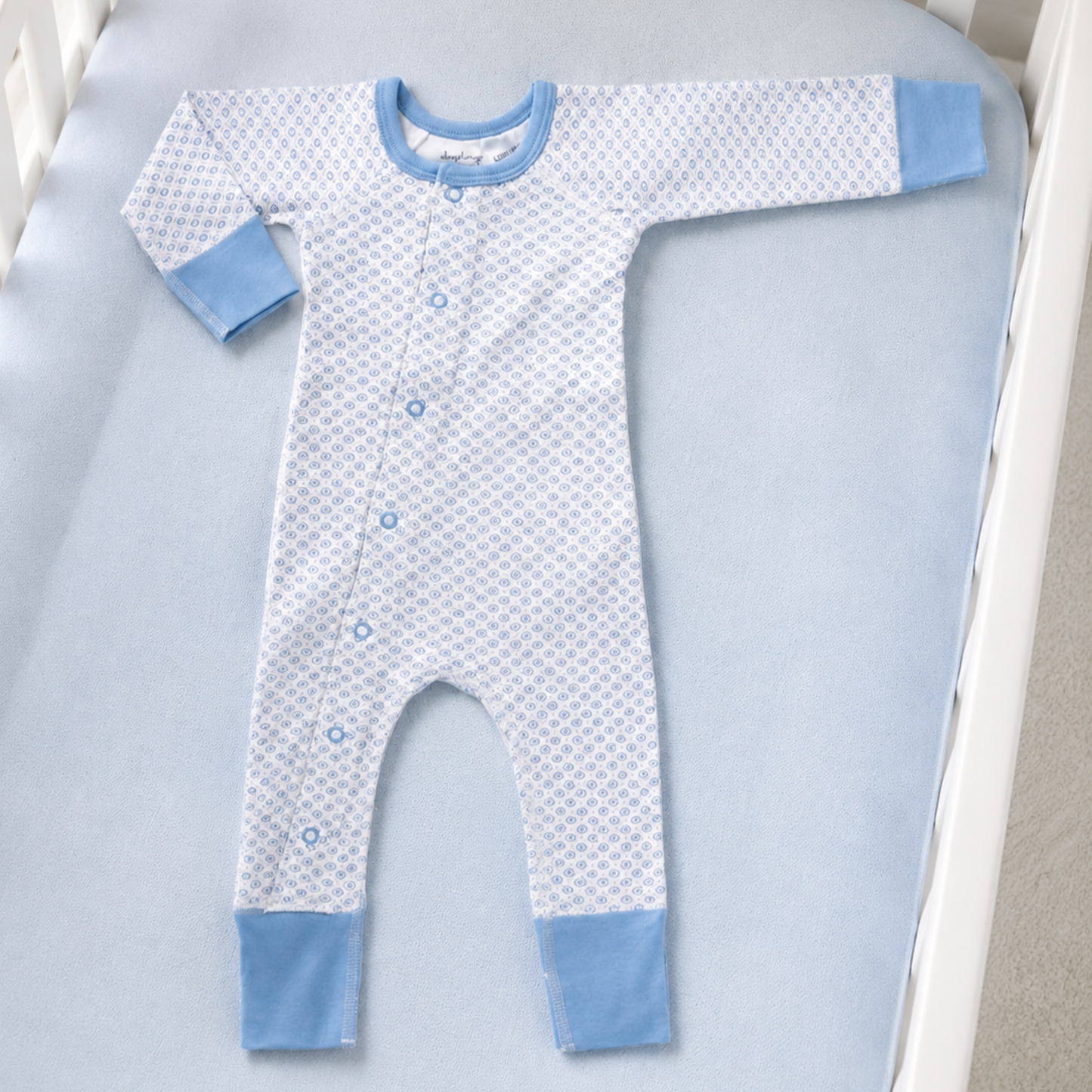 Blue organic cotton baby romper 0–3 months with geometric print, newborn baby boy gift