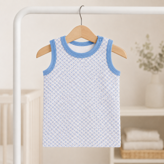 Blue organic cotton baby vest top 0–3 months with geometric print and shoulder snap
