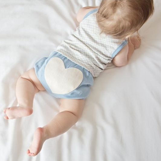 Blue organic cotton baby bloomers with cream heart appliqué, 0–3 months newborn baby boy gift