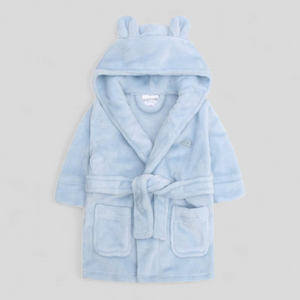 Light blue children's robe with hood on a light gray background