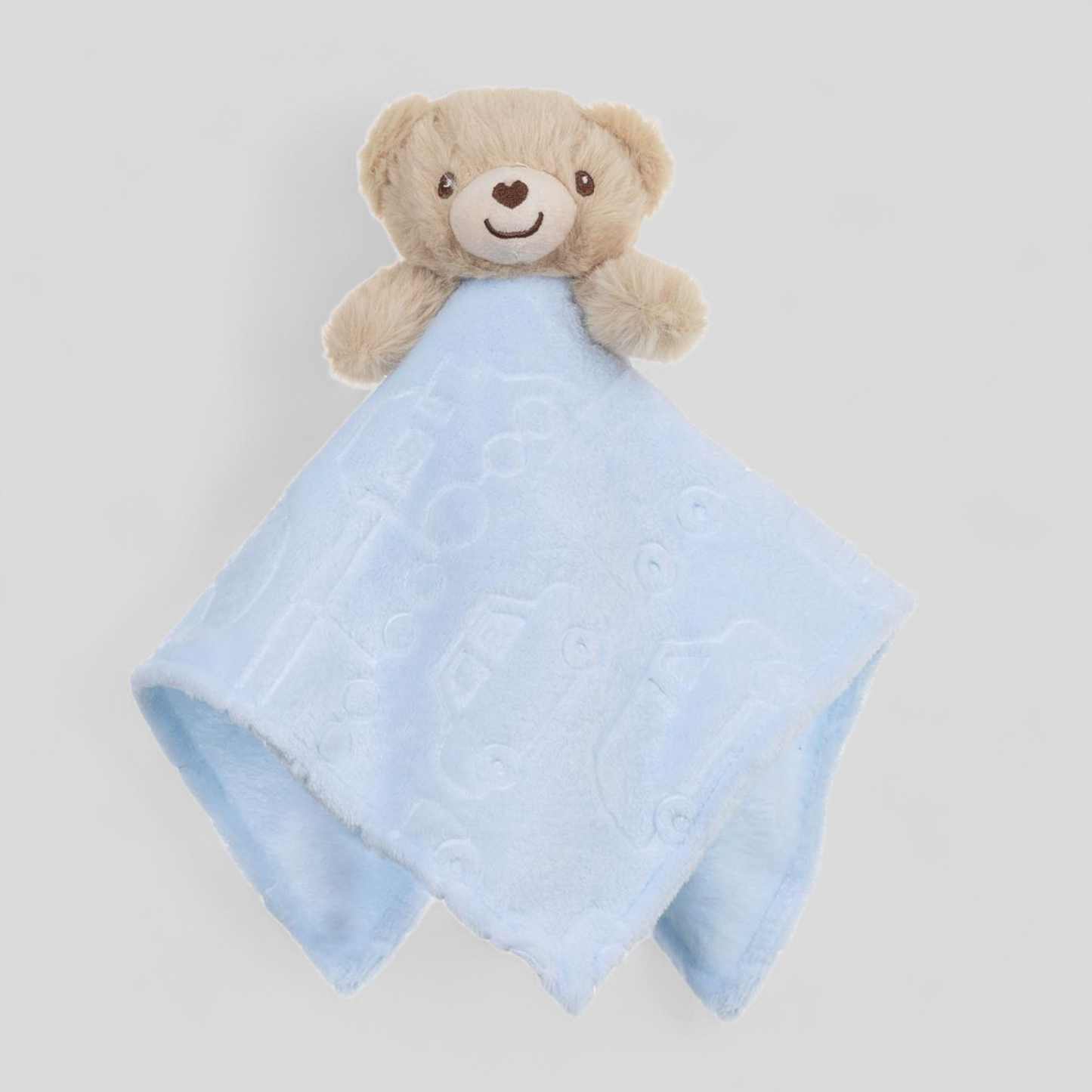 Plush baby comforter light blue vehicle design