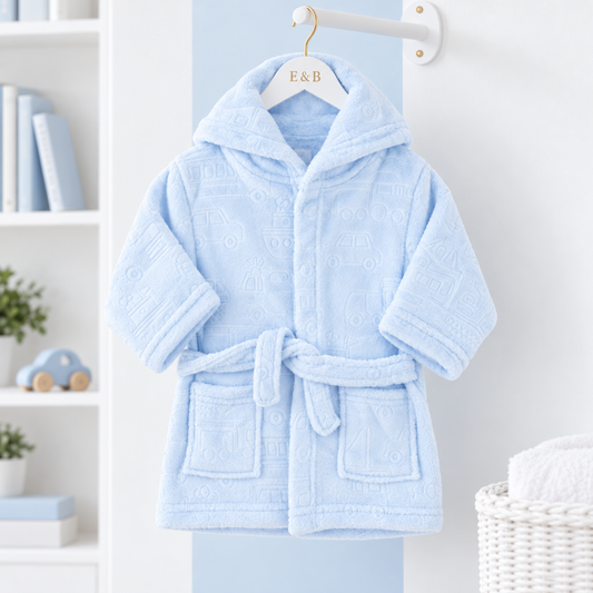Blue vehicle embossed baby hooded dressing gown with cars and trains, matching tie belt and front pockets