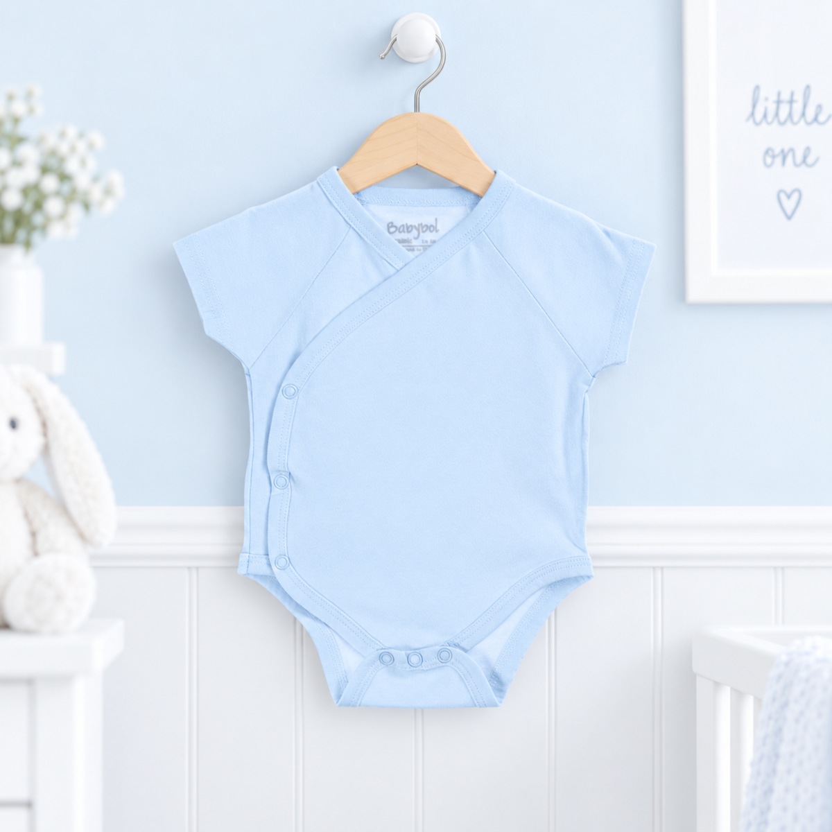 A light blue baby wrap bodysuit hanging on a wooden hanger against a pale blue wall, with a bunny plush and nursery decor visible in the background.