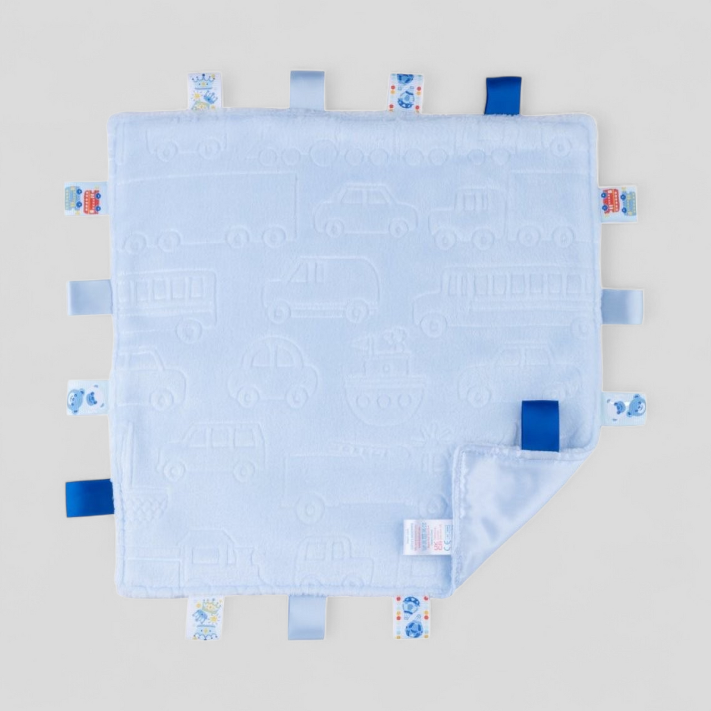 Blue vehicle embossed baby taggy comforter