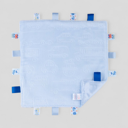 Blue vehicle embossed baby taggy comforter
