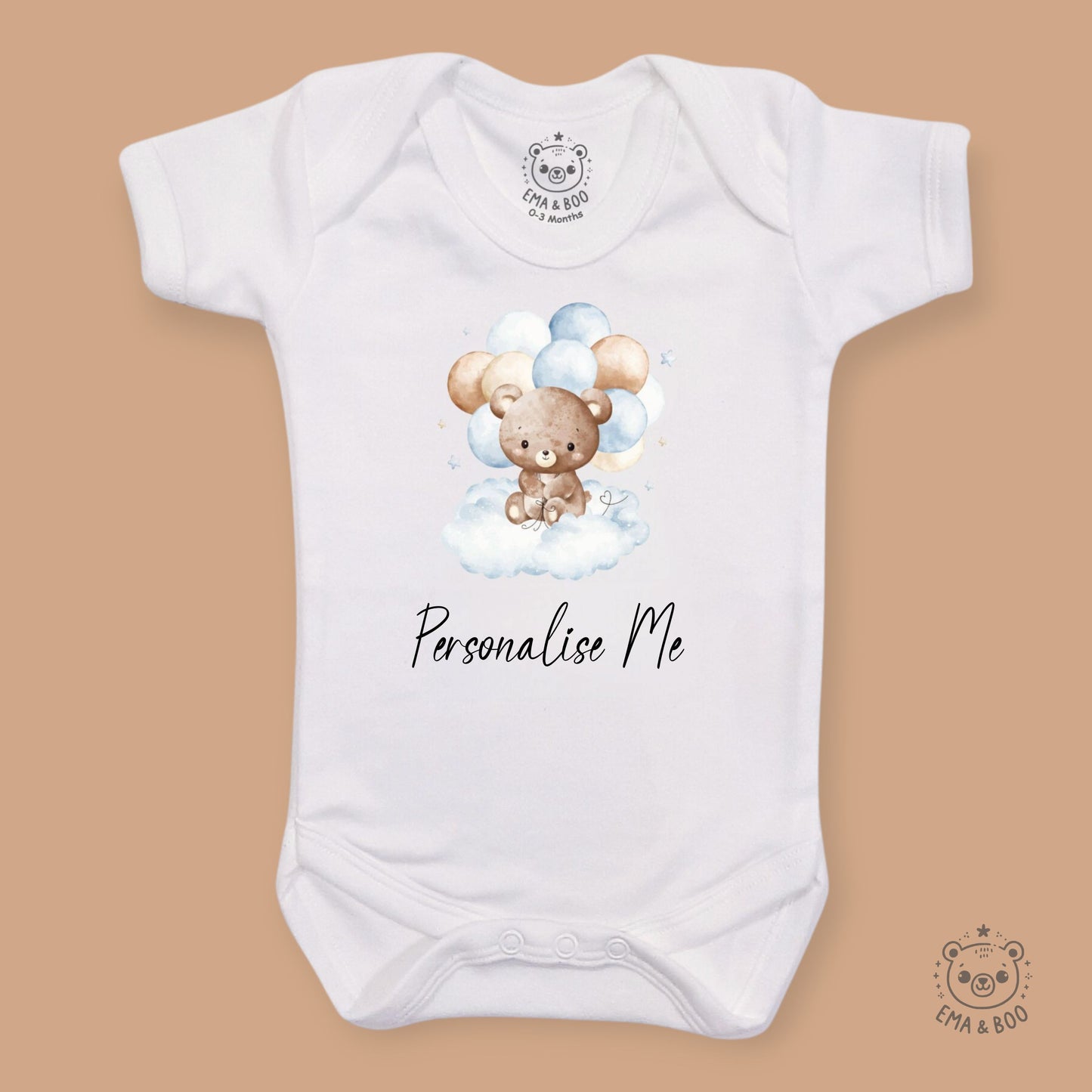 Personalised Baby Bodysuits - Blue Bear on a Cloud