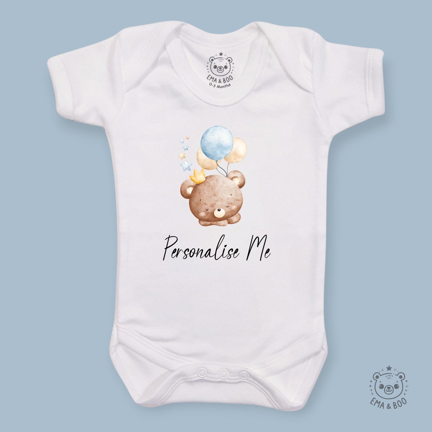Personalised Baby Bodysuits - Blue Bear with Balloons