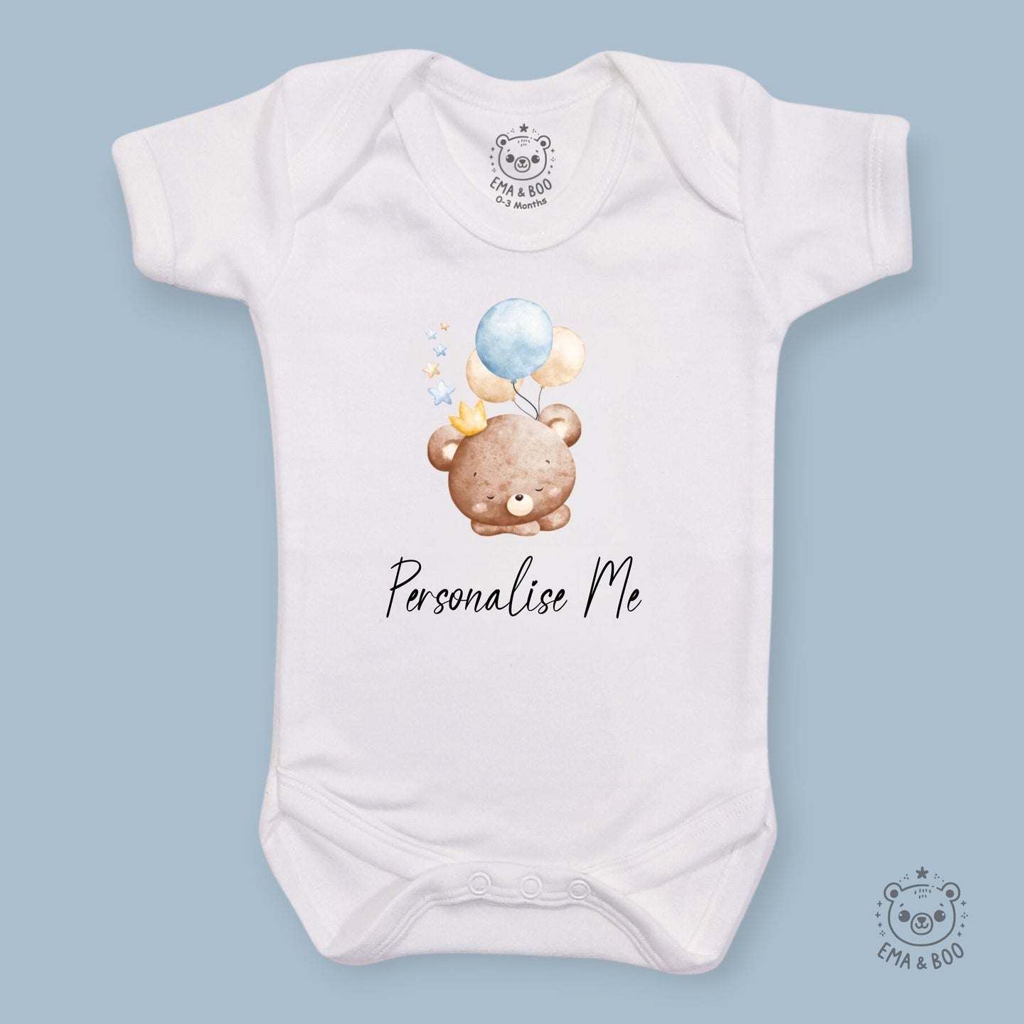 Personalised Baby Bodysuits - Blue Bear with Balloons