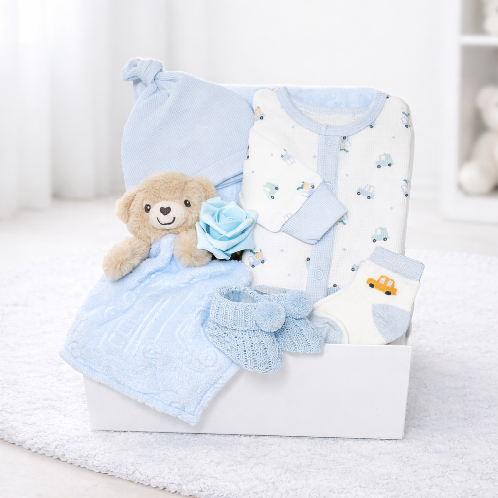 Baby boy gift box with cotton romper and blanket