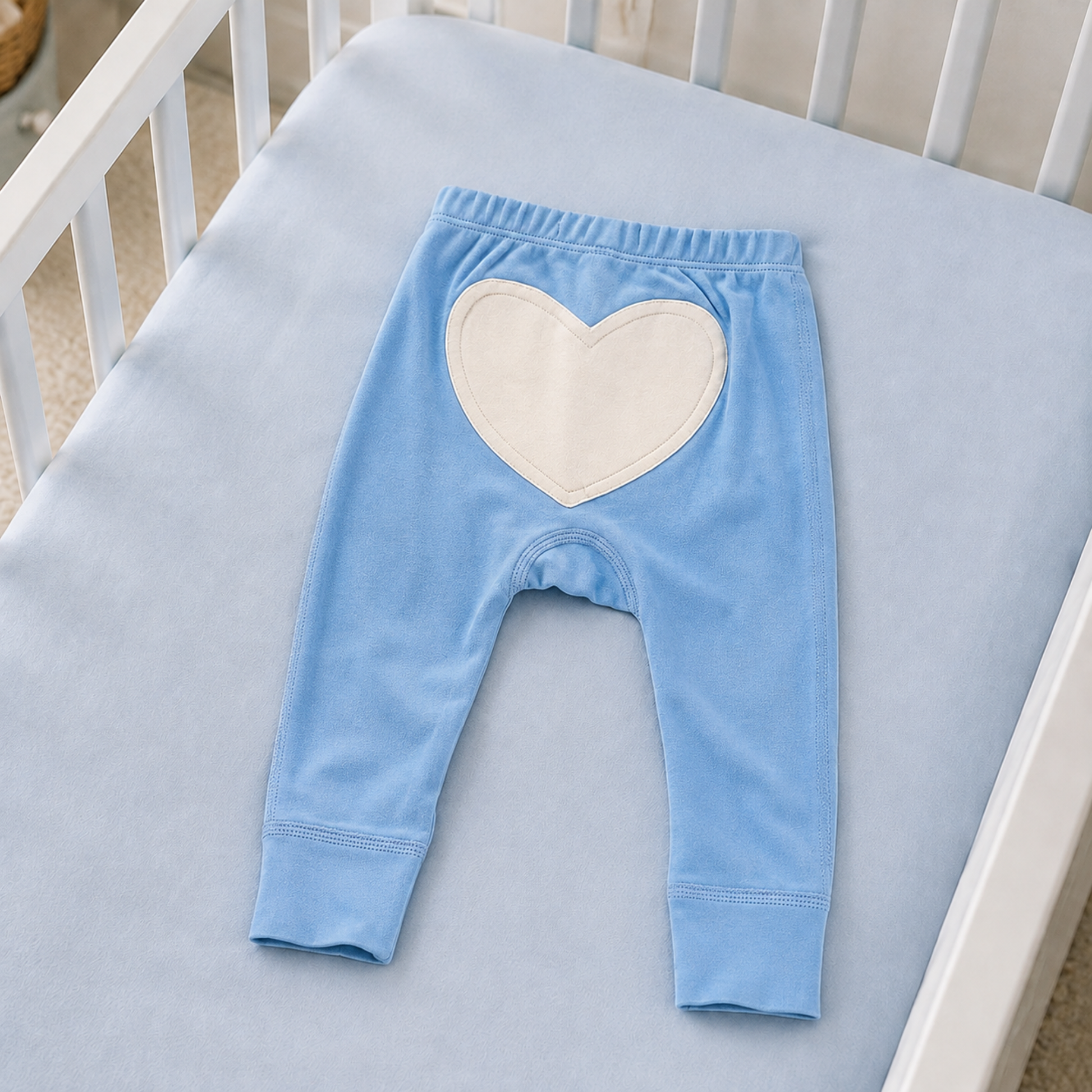 Blue organic cotton heart-bum baby pants 0–3 months with cream heart appliqué
