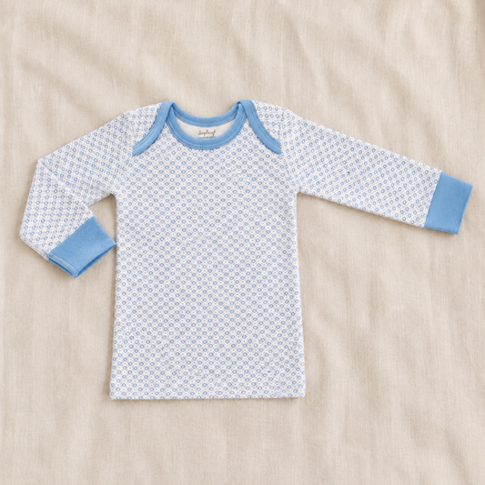 Blue organic cotton long sleeve baby top 0–3 months with geometric print
