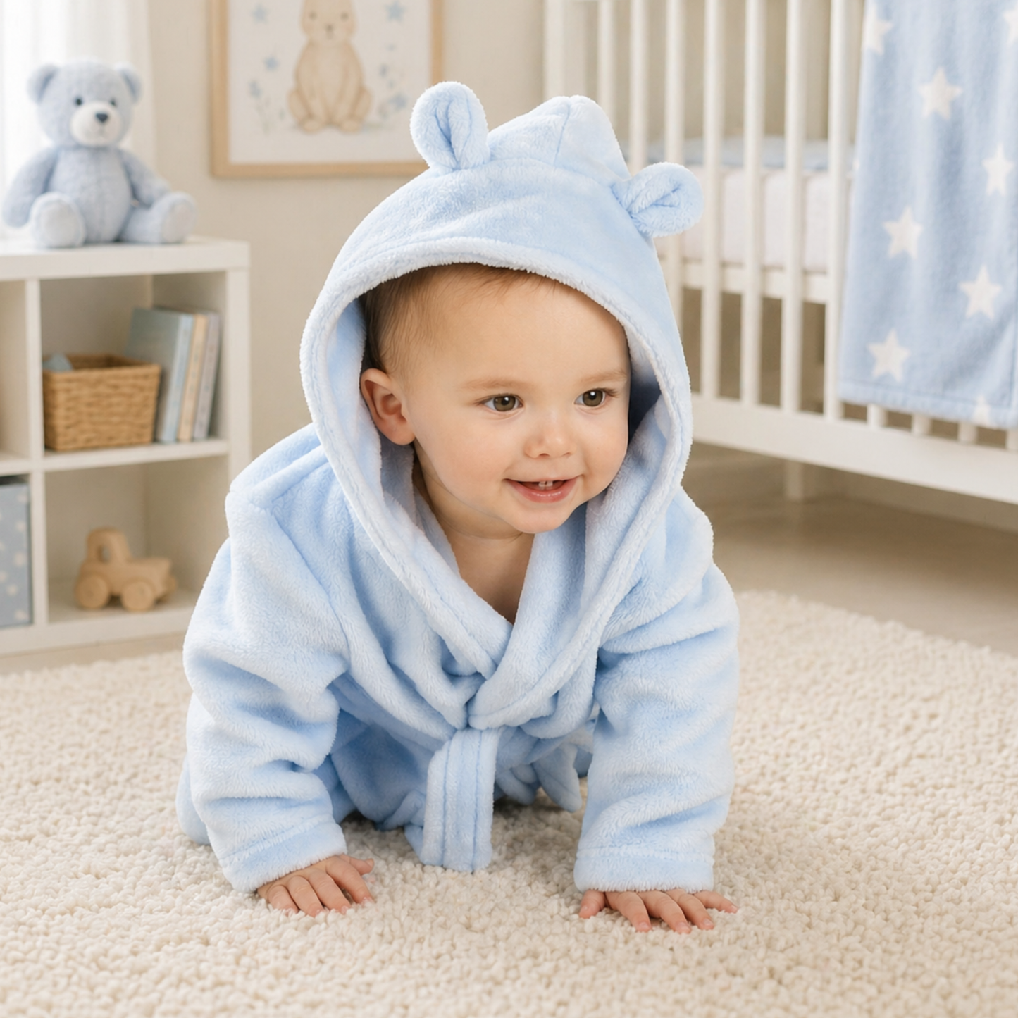 Baby wearing blue hooded dressing gown soft plush baby bath robe baby boy gift