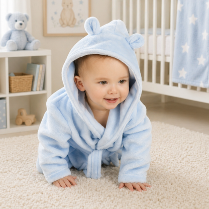 Baby wearing blue hooded dressing gown soft plush baby bath robe baby boy gift